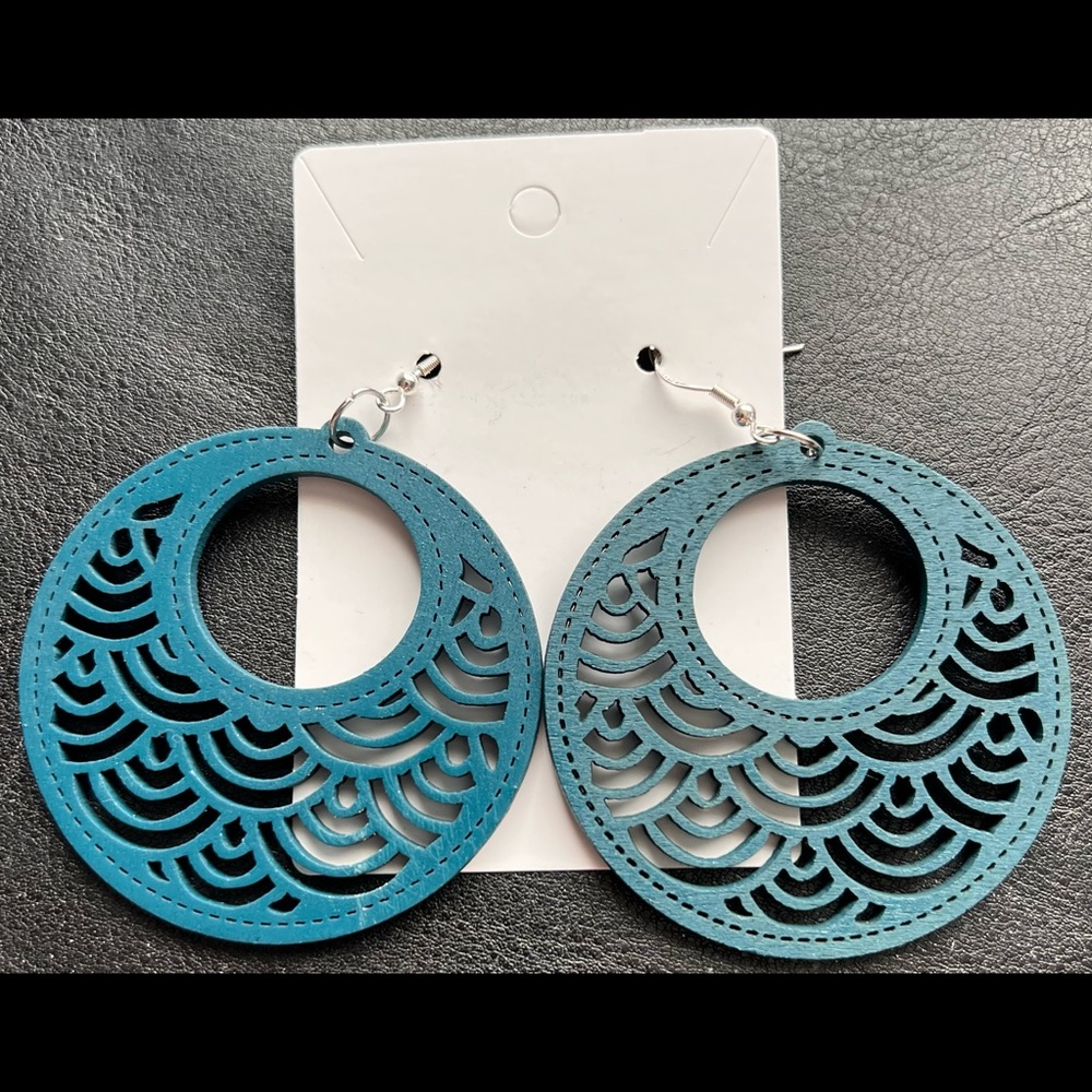 Peacock blue wood earrings